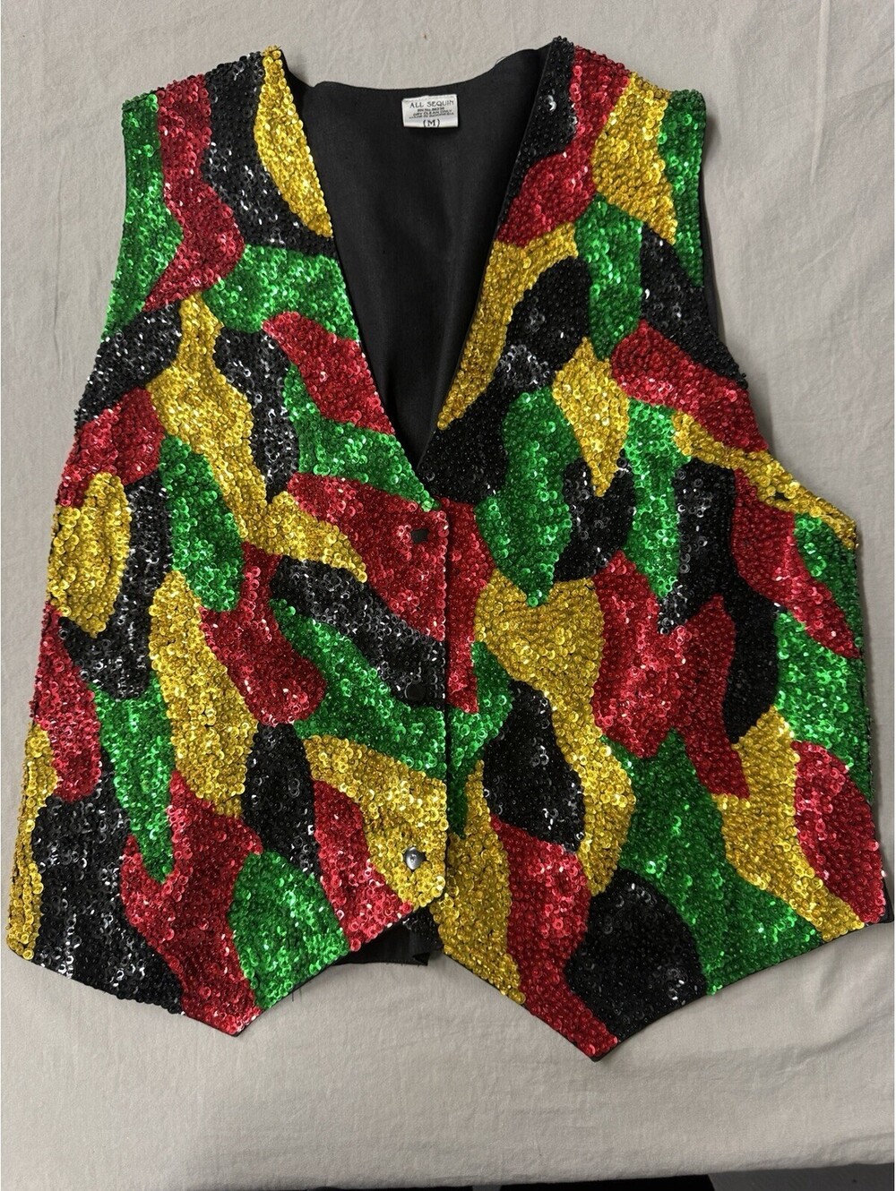 VTG 80s Gem Sequin Beaded Vest M Snaps Tie Back Disco Mardis Gras Bali Party